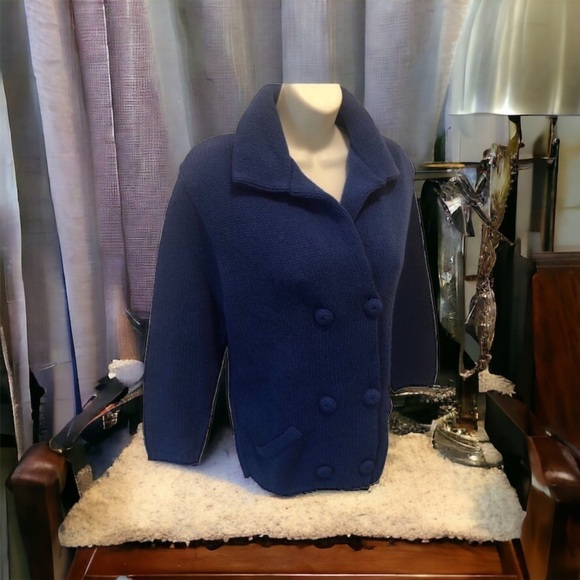VTG Rosanna Shetland Wool Knit Double Breasted Cardigan Sweater Sz S Blue Cozy - Picture 2 of 8